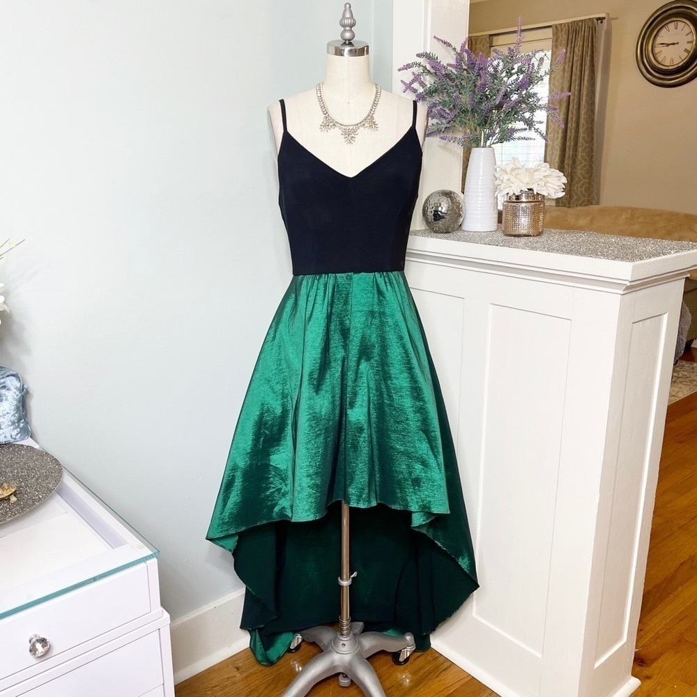 Betsy & Adam V Neck High Low Maxi Prom Dress Formal Gown Emerald Green Black 10 - Picture 3 of 10